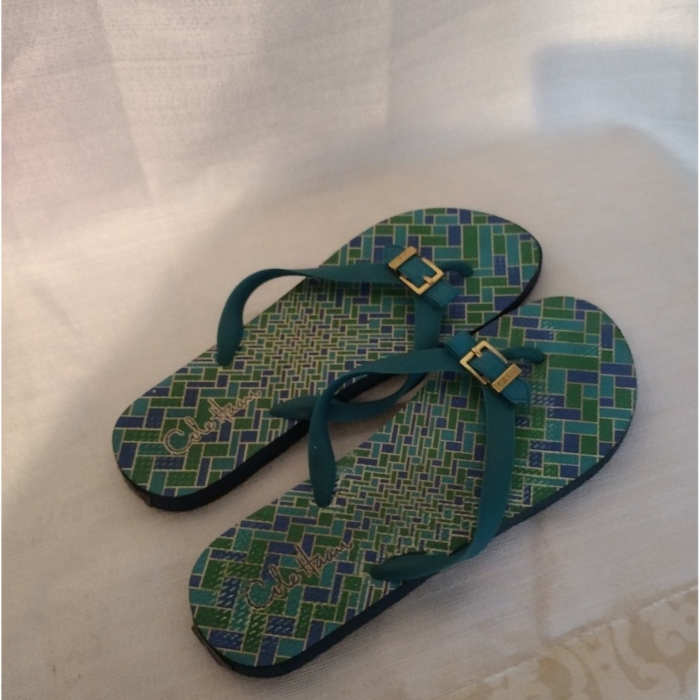 Cole Haan Womens Green Geometric Gold Buckle Flip Flop Sandals -Size 9 - Picture 4 of 5